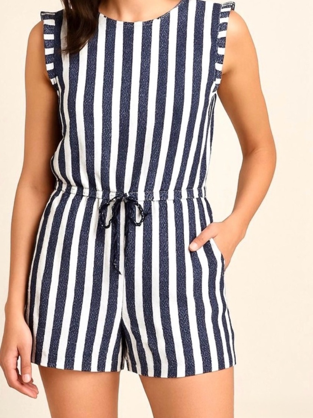 Universal Thread Striped Navy White Romper XS Sleeveless Lace Ruffle Feminine